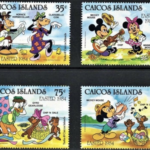 RZADKI, WYSOKIEJ WARTOŚCI Disney Easter Caicos Islands 1984 zestaw 4 znaczków i arkusz pamiątkowy Scott #42-46 Mint Never Hinged animacja animowana