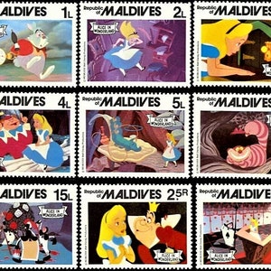 Alicja w Krainie Czarów - Disney Malediwy 1980 zestaw 7 lub 9 znaczków i arkusz pamiątkowy Scott #887-96 opłata pocztowa MNH Klasyczne sceny z filmów vintage