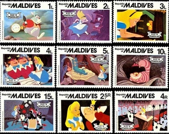 Alice in Wonderland - Disney Maldives 1980 complete set of 9 postage stamps Scott #887-95 postage MNH Classic vintage movie scenes
