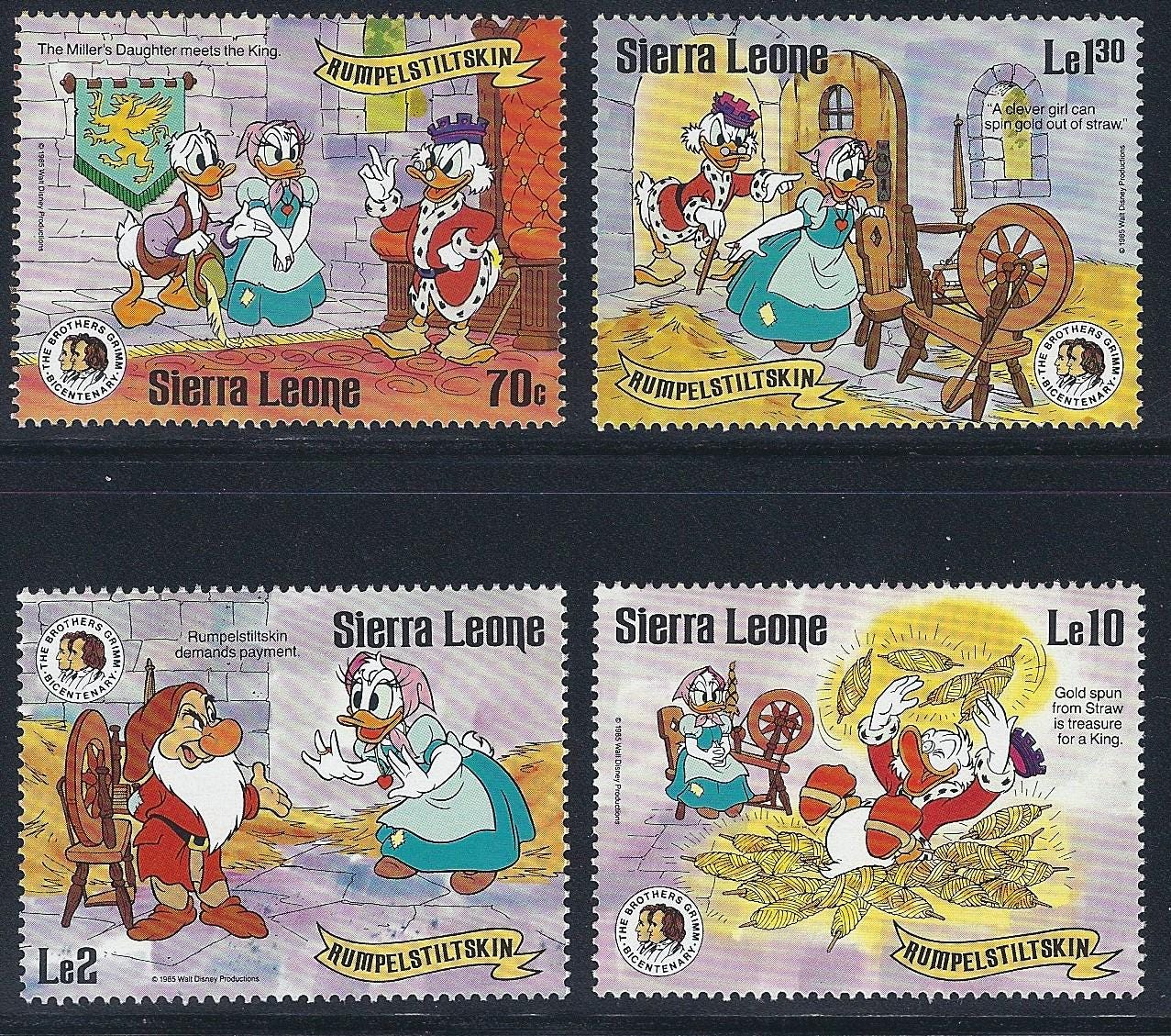 Disney RARE Rumpelstiltskin 1985 Sierra Leone set of 4 stamps & souvenir sheet Scott #729//37 MNH cartoon Brothers Grimm fairytales