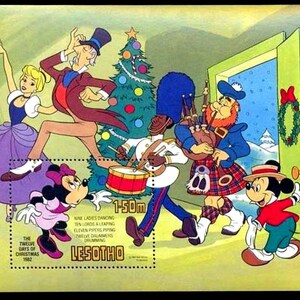 Disney 12 dni Bożego Narodzenia 1982 Lesotho zestaw 8 lub 6 pojedynczych znaczków i arkusz pamiątkowy Scott #381-9 MNH kreskówka świąteczne kolędy