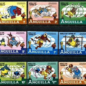May include: A set of nine stamps from Anguilla featuring Disney characters playing soccer. The stamps are from 1982 and commemorate the World Cup in Spain. The stamps feature characters like a kangaroo, a lion, a rhino, an ostrich, and an elephant.