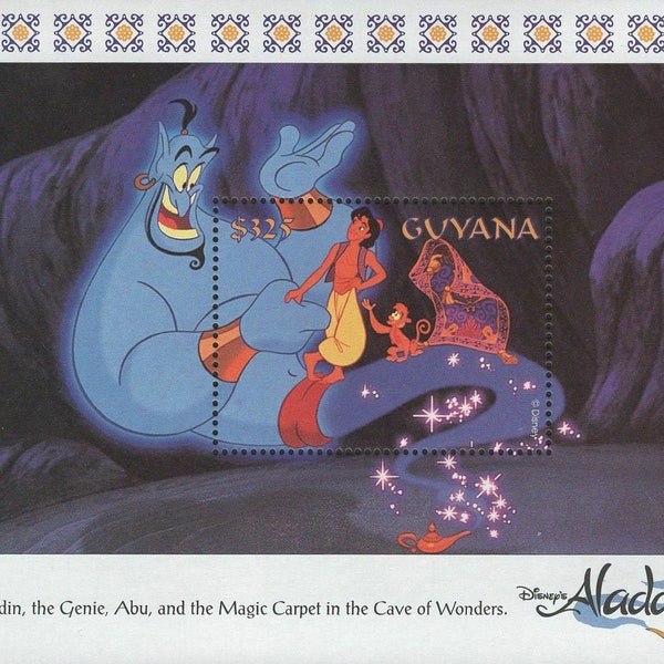 Disney RARE High Value Guyana 1993 souvenir sheet postage stamps Scott #2762 MNH cartoon animation movie Aladdin Abu Genie Carpet Cave