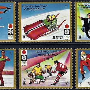 Ajman 1972 Conjunto de 6 sellos postales individuales MNH Juegos Olímpicos de Invierno de 1972 Sapporo, Japón deportes hockey esquí patinaje bobsleigh
