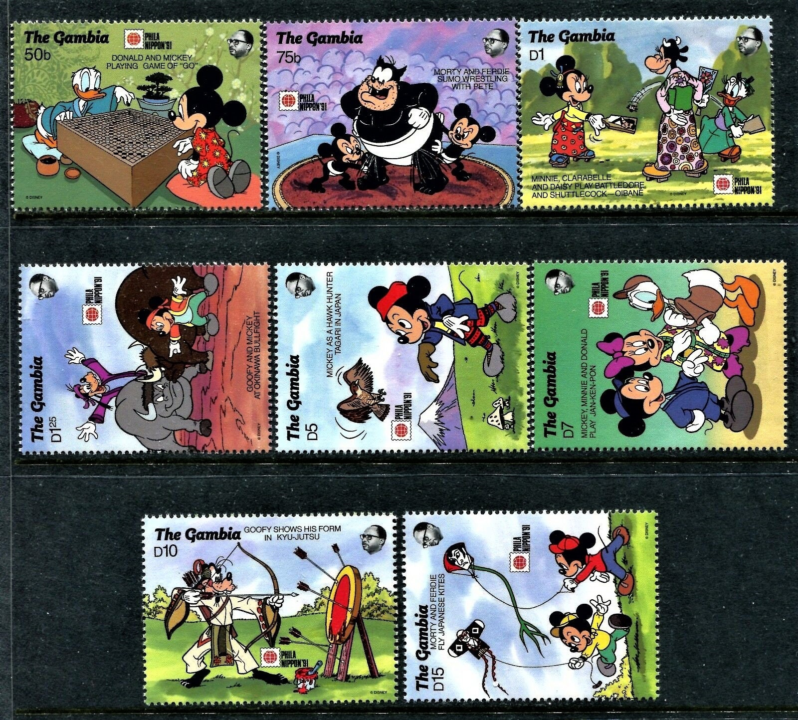 ディズニー高価値1991年ガンビア切手8枚と記念シート4枚のコンプリート