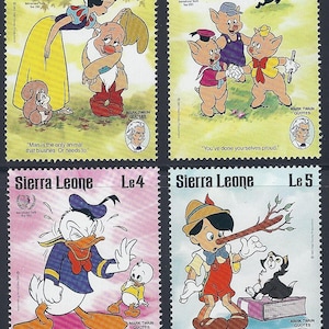 RZADKI Disney 1985 Sierra Leone Scott #731-8 zestaw 4 znaczków i arkusz pamiątkowy MNH postacie z kreskówek z cytatami Marka Twaina