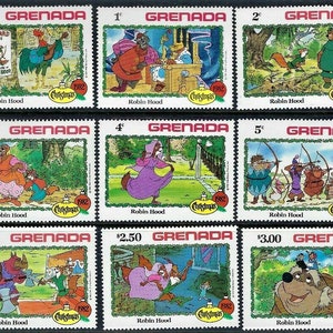Disney 1982 Boże Narodzenie Grenada kompletny zestaw 9 znaczków i arkusz pamiątkowy Scott #1127-36 MNH animacja klasyczny film animowany Robin Hood