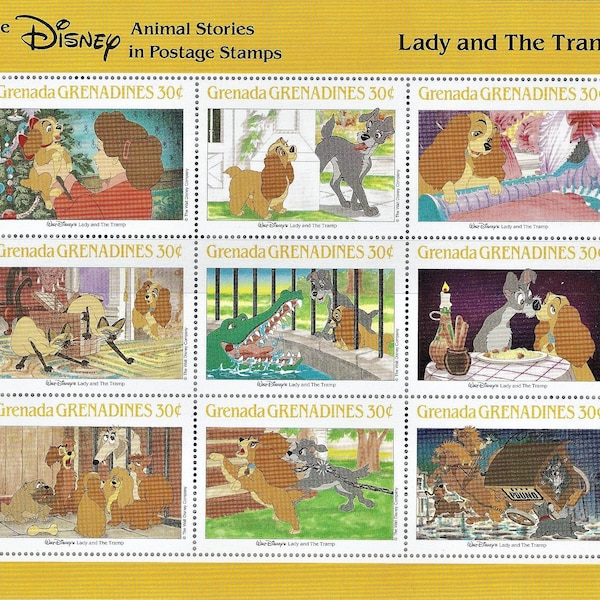 Grenada Grenadines 1988 Disney Souvenir Sheet of 9 different Postage Stamps Scott #990 MNH animated cartoon movie Lady and the Tramp dog pet