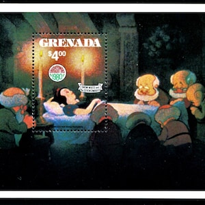 Disney Królewna Śnieżka Grenada 1980 Zestaw 9 znaczków i arkusz pamiątkowy Scott #1021-30 MNH film animowany - siedmiu krasnoludków - Boże Narodzenie