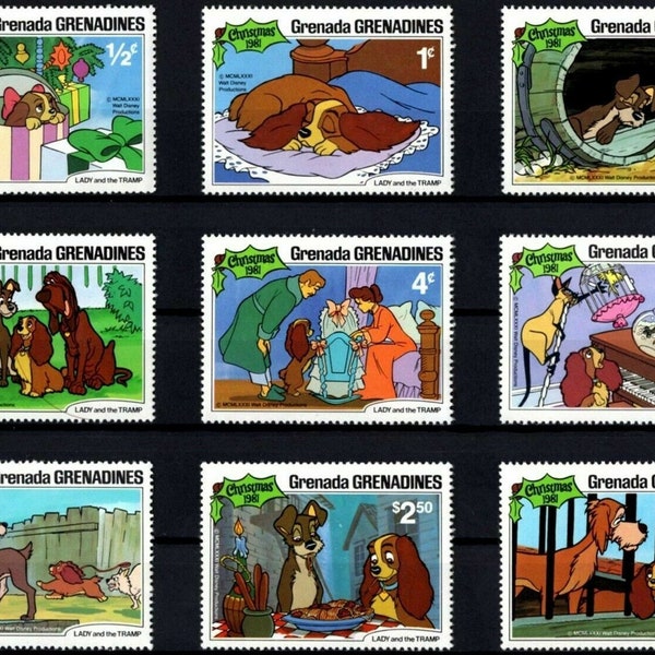 Disney 1981 Christmas Grenada Grenadines complete set 9 postage stamps Scott #450-8 MNH animation classic cartoon movie Lady and the Tramp