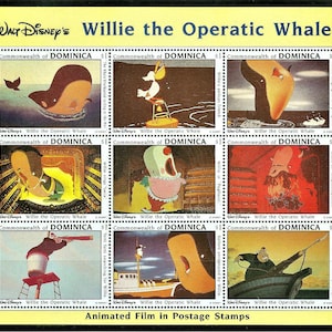 May include: A set of six postage stamps featuring Willie the Operatic Whale from the animated film. The stamps are yellow with a red border and feature different scenes from the film. The text "Willie the Operatic Whale" and "Commonwealth of Dominica" are printed on each stamp.