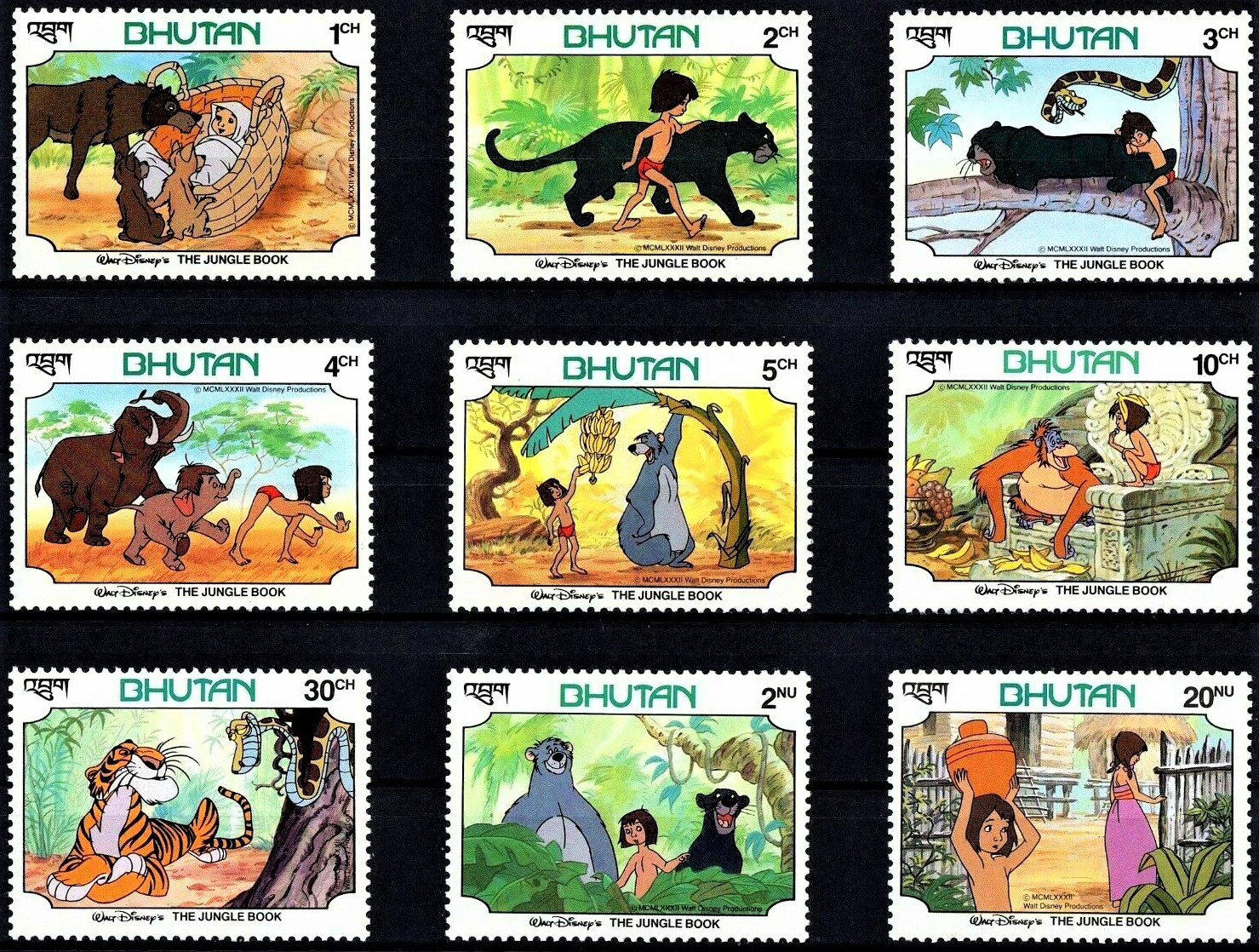 ディズニー ジャングルブック ブータン 1982年 切手9枚と記念シート2枚