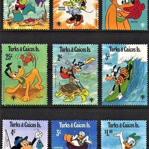 Disney Turks & Caicos Islands 1979 zestaw 9 znaczków i arkusz pamiątkowy Scott #399-408 MNH animacja kreskówka sporty wodne