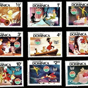 Zestaw znaczków Disney 1980 Christmas Dominica 7 lub 9 sztuk i arkusz pamiątkowy Scott #679-88 Sceny MNH z klasycznego filmu animowanego Piotruś Pan