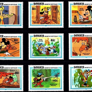 Disney Mongolia 1984 zestaw 9 znaczków i arkusz pamiątkowy Scott #1379-88 MNH film animowany Myszka Miki i magiczna fasola Goofy Kaczor Donald