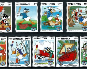Bhutan 1984 Donald Duck-stempels (set van 6 of 9), souvenirvellen 50e verjaardag