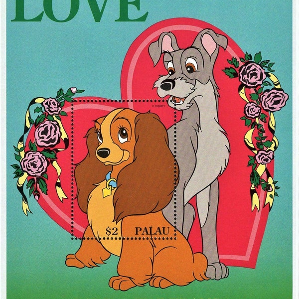 Disney RARE 1996 Palau Scott #394 souvenir sheet postage stamp MNH Lady & the Tramp one in the series of worldwide Love stamps