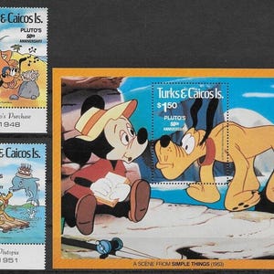 Disney Pluto&#39;s 50th birthday Turks & Caicos Islands 1981 ein Block und 2 Briefmarken Scott #468-70 Postfrisch Pluto