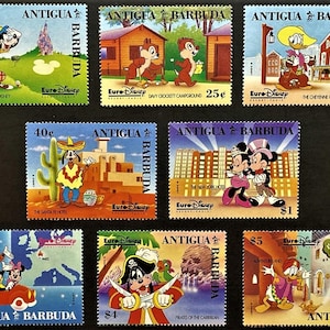 Disney Antigua en Barbuda 1992 Set van 8 postzegels en 4 blokken Scott #1637-46B Postfrisse opening Euro-Disney-attracties in Parijs