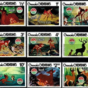 Disney Boże Narodzenie 1980 Grenada Grenadyny kompletny zestaw 9 znaczków i arkusz pamiątkowy Scott #411-20 MNH animowany film animowany Bambi