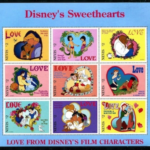 Disney RARE 1996 Nevis Scott #975-8 arkusz 9 i 2 arkusze pamiątkowe MNH Disney Sweethearts. Świetny prezent na pierwszą rocznicę lub Walentynki