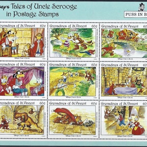 Disney RARE Trudno znaleźć 1992 Grenadines of St. Vincent mini arkusz 9 znaczków i 2 arkusze pamiątkowe Scott #969 980-1 MNH „Kot w butach”