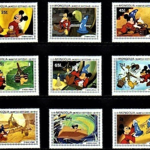 Disney Sorcerer's Apprentice Mongolia 1983 komplet 9 znaczków pocztowych i arkusz pamiątkowy Scott #1290-9 MNH Mickey Mouse - Fantasia