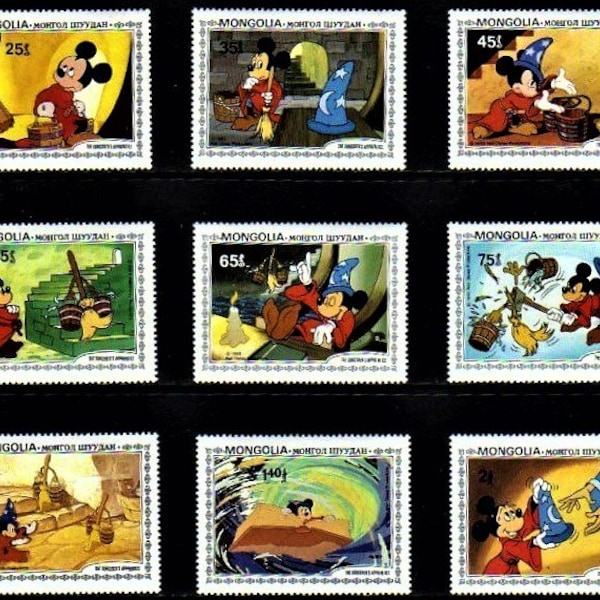 Disney Sorcerer's Apprentice 1983 complete set of 9 Mongolia postage stamps Scott #1290-8 MNH cartoon animation movie Fantasia Mickey Mouse