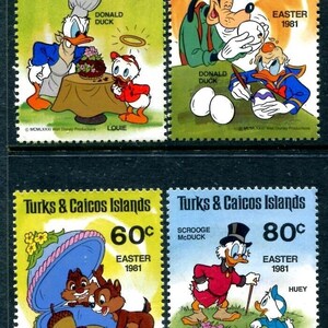 Disney Easter Turks & Caicos Islands 1981 kompletny zestaw 4 znaczki pocztowe i arkusz pamiątkowy Scott #476-80 MNH animacja animowana