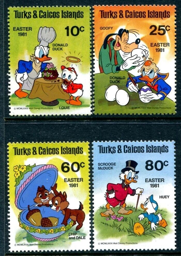 限定品ディズニー☆Authentic Postage Stanp Disney Easter Turks & Caicos Islands 1981 Complete Set 4 Postage