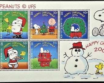 Gibilterra - Fogli ricordo dei personaggi dei Peanuts in varie scene natalizie, 2001, 2003, con una serie di 5 francobolli Scott #890-4a, 959 MNH.
