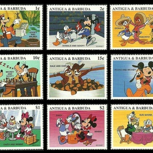 May include: A sheet of Antigua & Barbuda postage stamps featuring various Disney characters. The stamps depict Goofy, Donald Duck, Mickey Mouse, Pluto, Chip and Dale, Daisy, and Minnie Mouse in colorful illustrations. The stamps are labeled with their monetary values.