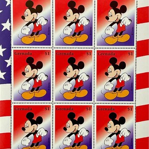 May include: Sheet of nine postage stamps from Grenada, each featuring Mickey Mouse in a red shirt, black shorts, and yellow shoes. The stamps are set against a red and white background, with the text "Grenada" and "$1" on each. The sheet has a patriotic border.