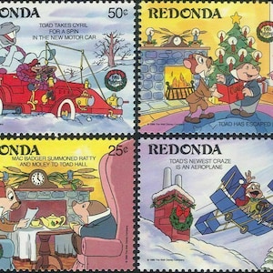 Redonda 1986 Disney Christmas Christmas set de 4 timbres et un bloc-feuillet Scènes MNH de Willow in the Winds - Les aventures de M. crapaud