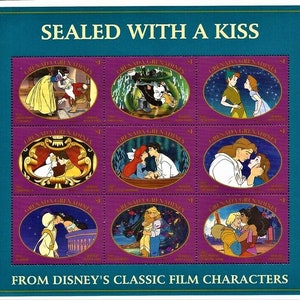Disney Sealed with a Kiss Grenada Grenadines 1997 Mini-arkusz 9 znaczków i arkusz pamiątkowy Scott #1959-60 MNH Sceny pocałunków z filmów