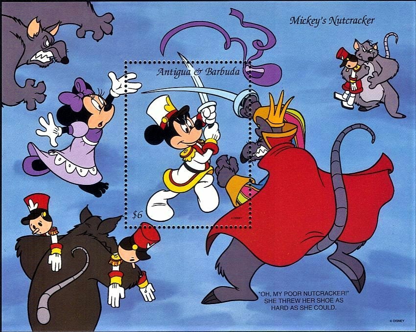 Disney Antigua & Barbuda 1993 souvenir sheet postage stamps Scott #1752 MNH  cartoon Mickey's Nutcracker fighting the Mouse King