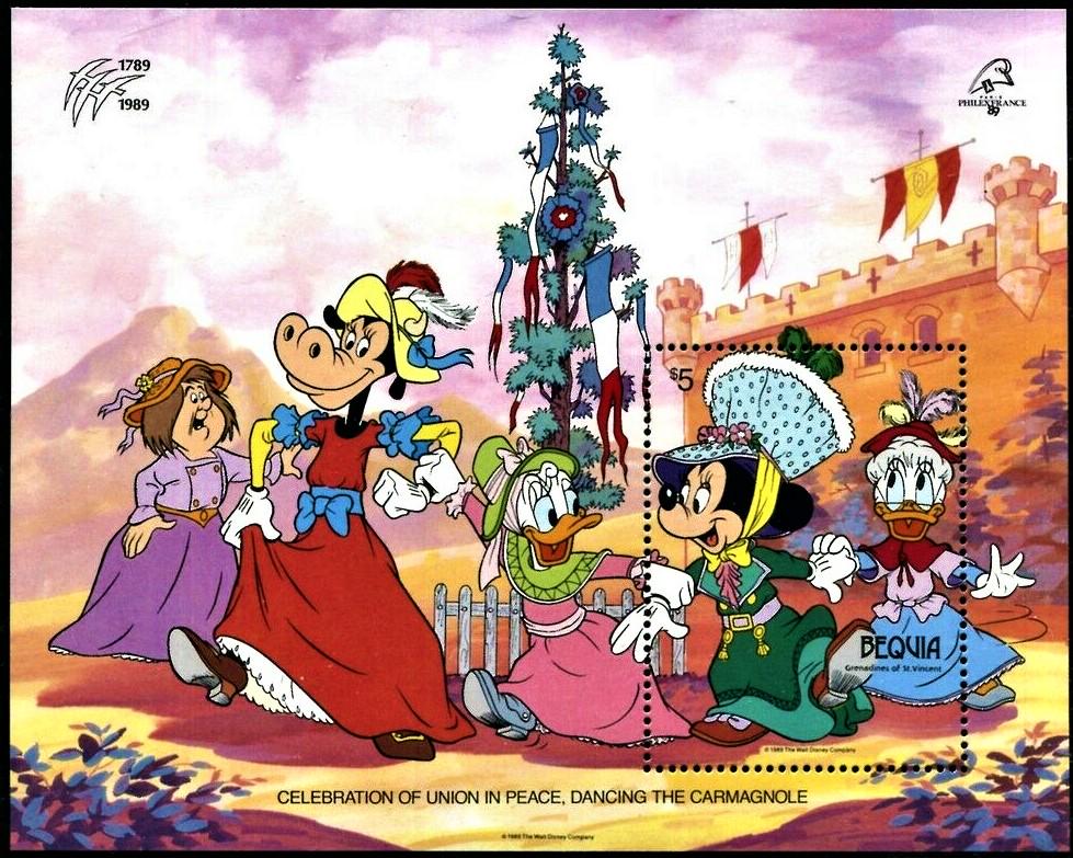 ベキア島発行 1989年 ディズニー切手FDC フランス革命200周年記念 ディズニー・ベキア切手 – フランス革命200周年記念、1989年セット