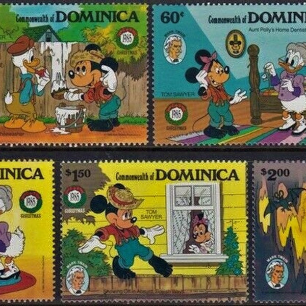 HIGH VALUE Disney 1985 Weihnachten Dominica Briefmarken komplettes 5er Set Scott #919-23 MNH Mark Twain - Tom Sawyer
