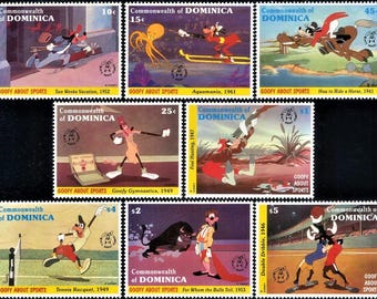 May include: A sheet of postage stamps from Dominica featuring Goofy in various sports. The stamps depict scenes of Goofy participating in activities like skiing, horseback riding, and tennis. Each stamp has a different denomination and a title like "Two Weeks Vacation, 1952."