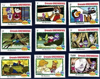 Disney 1982 Navidad Granada Granadinas conjunto completo de 9 sellos y una hoja de recuerdo Scott #519-28 MNH película animada clásica Los Rescatistas