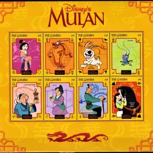 Disney Mulan 1998 Gambia 2 mini arkusze po 8 znaczków i 4 arkusze pamiątkowe Scott #2043-8 MNH postacie z kreskówek animowanych w scenach z „Mulan”