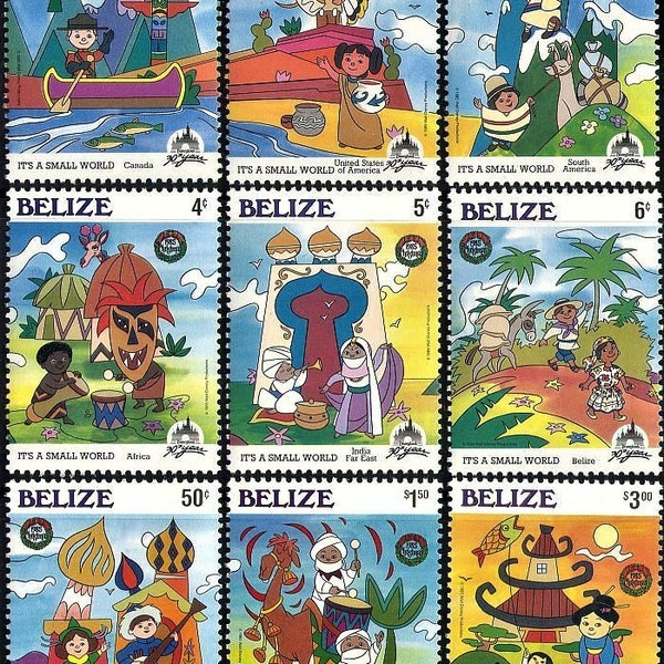 Disney Belize Christmas 1985 set of 9 postage stamps Scott #786-94 MNH Series of Disney drawings labeled "It's A Small World"