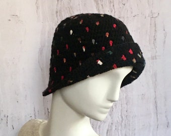 Unisex crochet black hat, Crochet black hat with bright splashes of color