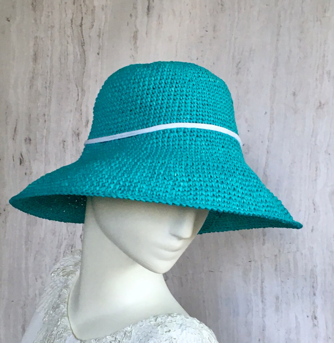 Turquoise Crochet Raffia Hat Widebrimmed Sun Raffia Hat Etsy UK