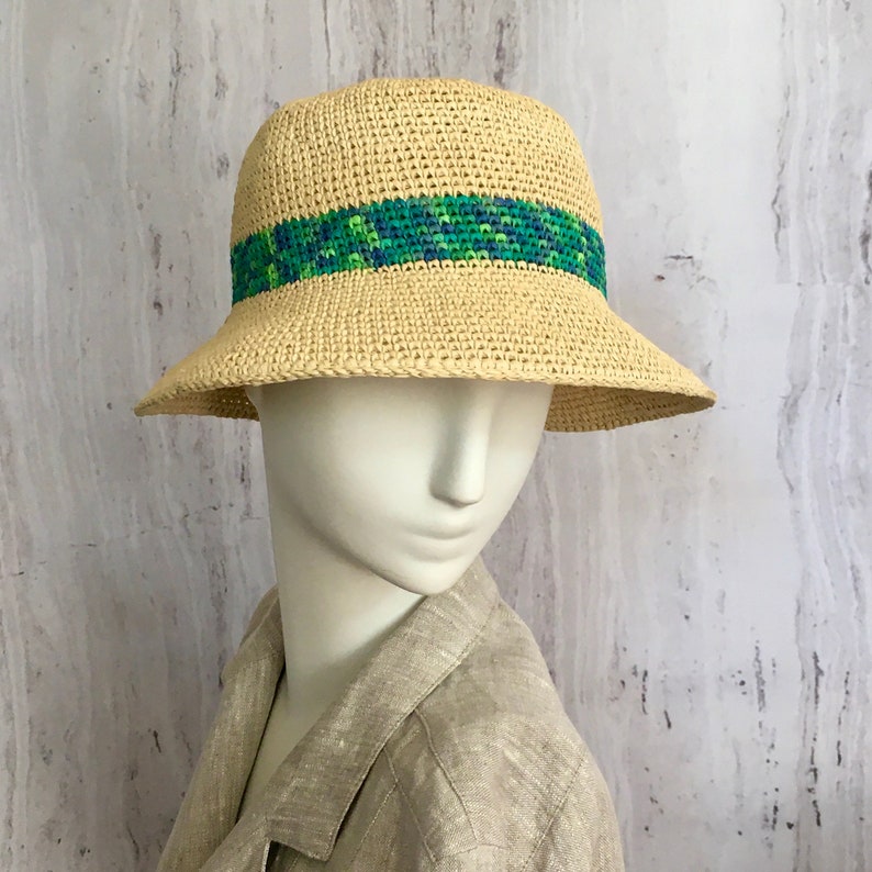 Raffia Panama Knit Hat, Straw Raffia Crochet Hat With a Bright Stripe