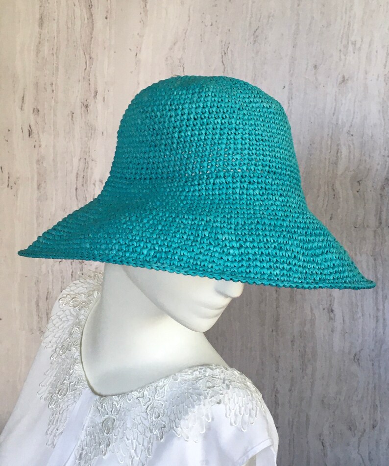 Turquoise Crochet Raffia Hat Widebrimmed Sun Raffia Hat Etsy