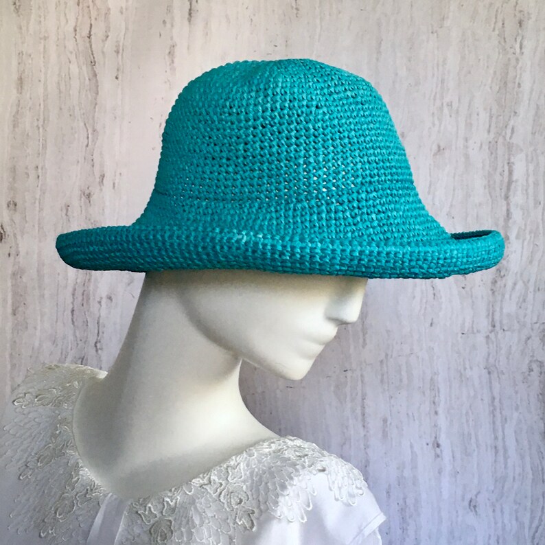 Turquoise Crochet Raffia Hat Widebrimmed Sun Raffia Hat Etsy