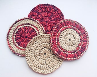 Set 4 crochet coasters natural raffia