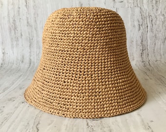 Crochet raffia bucket hat, Raffia panama knit hat