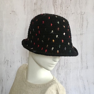 Crochet Black Cloche Hat: Unisex Wool Acrylic Blend with Colorful Jacquard
